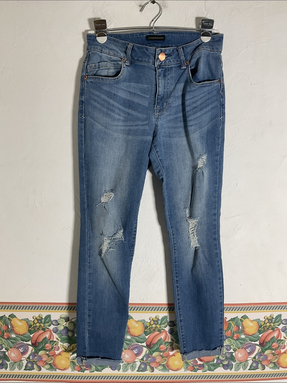 Catherine Malandrino Distressed Raw Hem Skinny Jeans Size 6 Medium Blue Wash